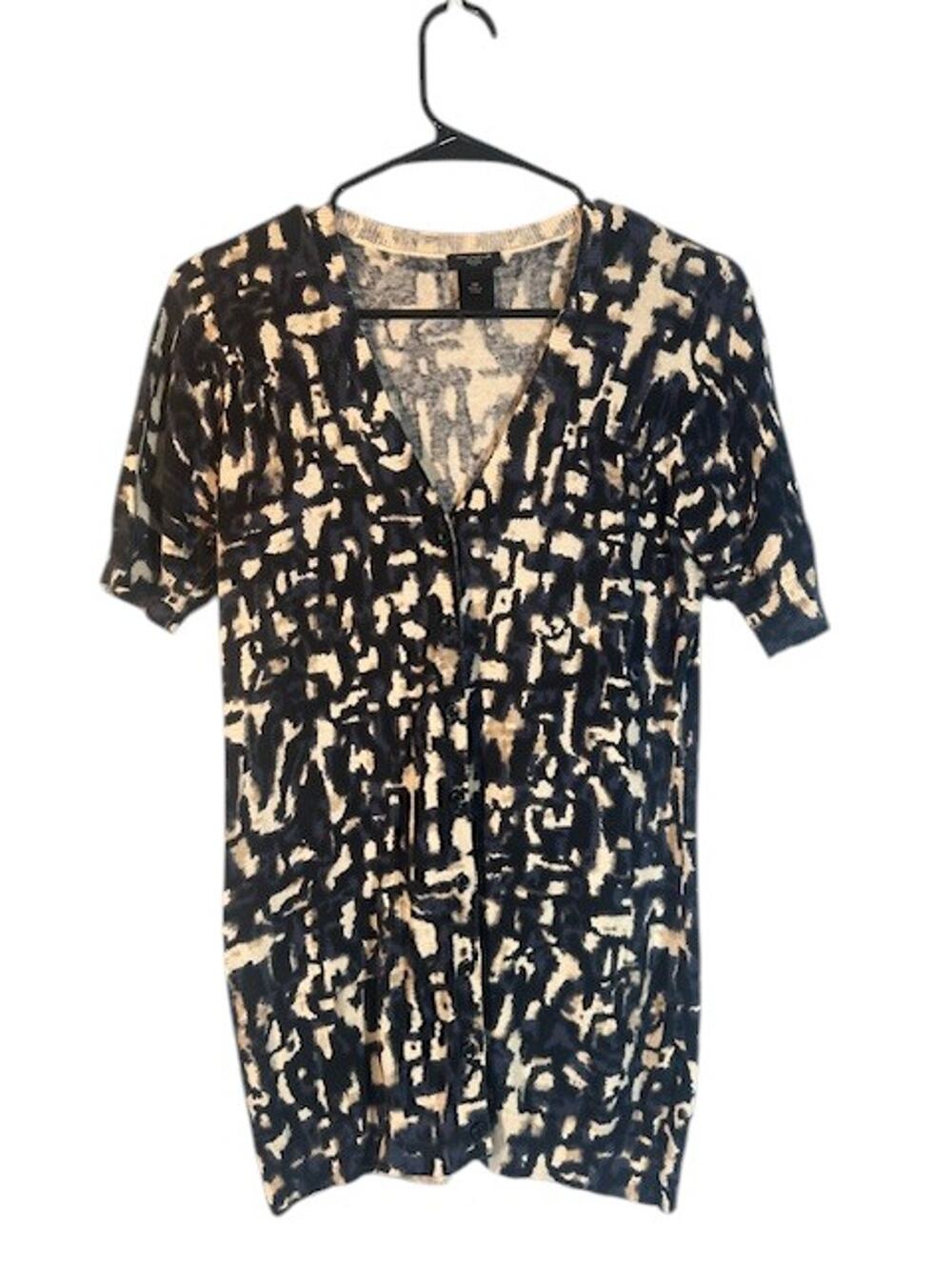 Ann Taylor Women’s Blue Watercolor Abstract Short Sleeve Button Knit Top Size MP